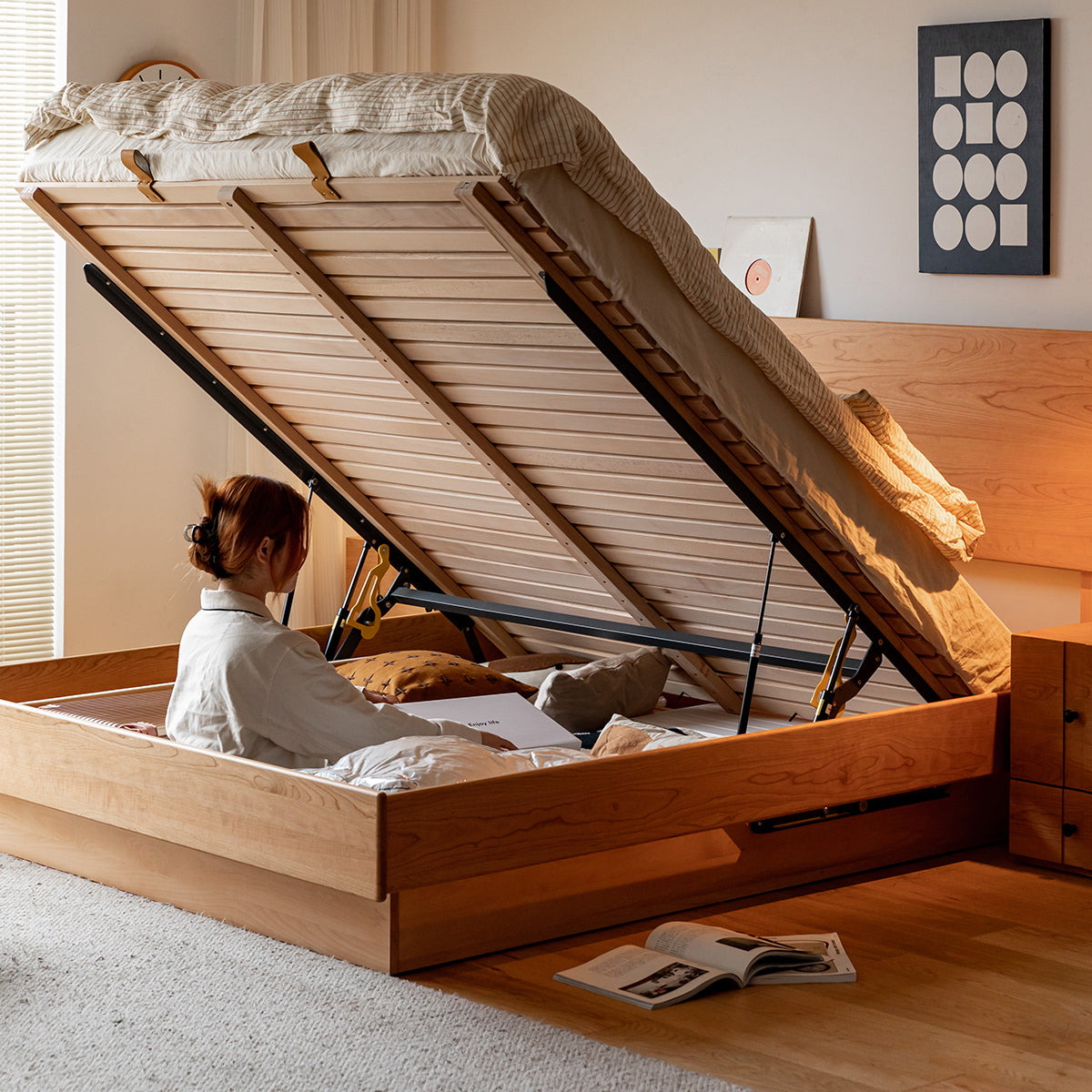 収納付きチェリーウッドベッドフレーム