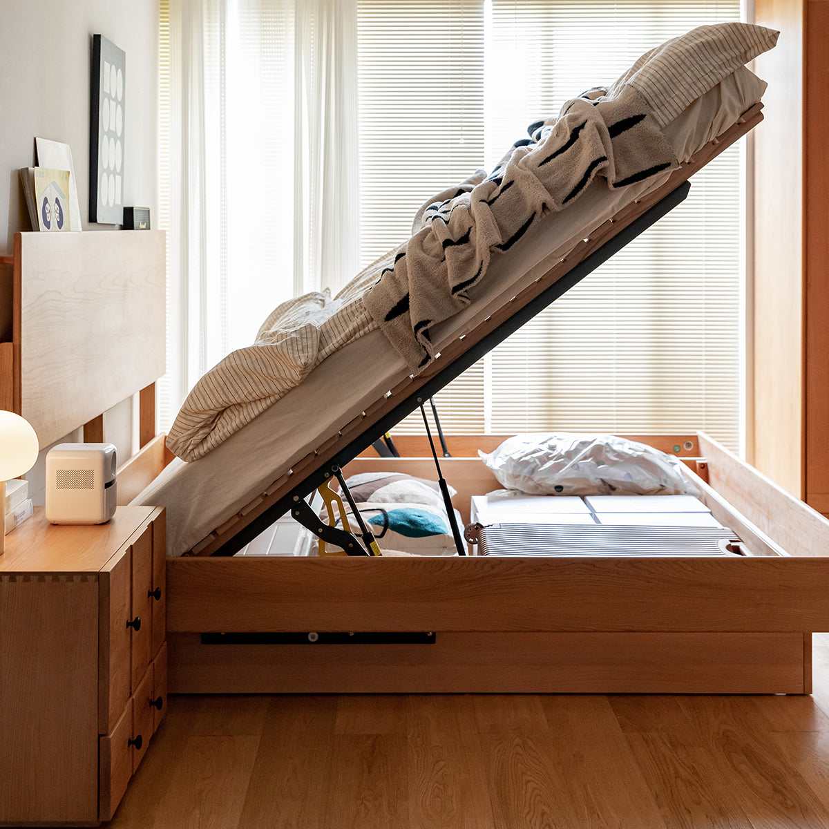 収納付きチェリーウッドベッドフレーム