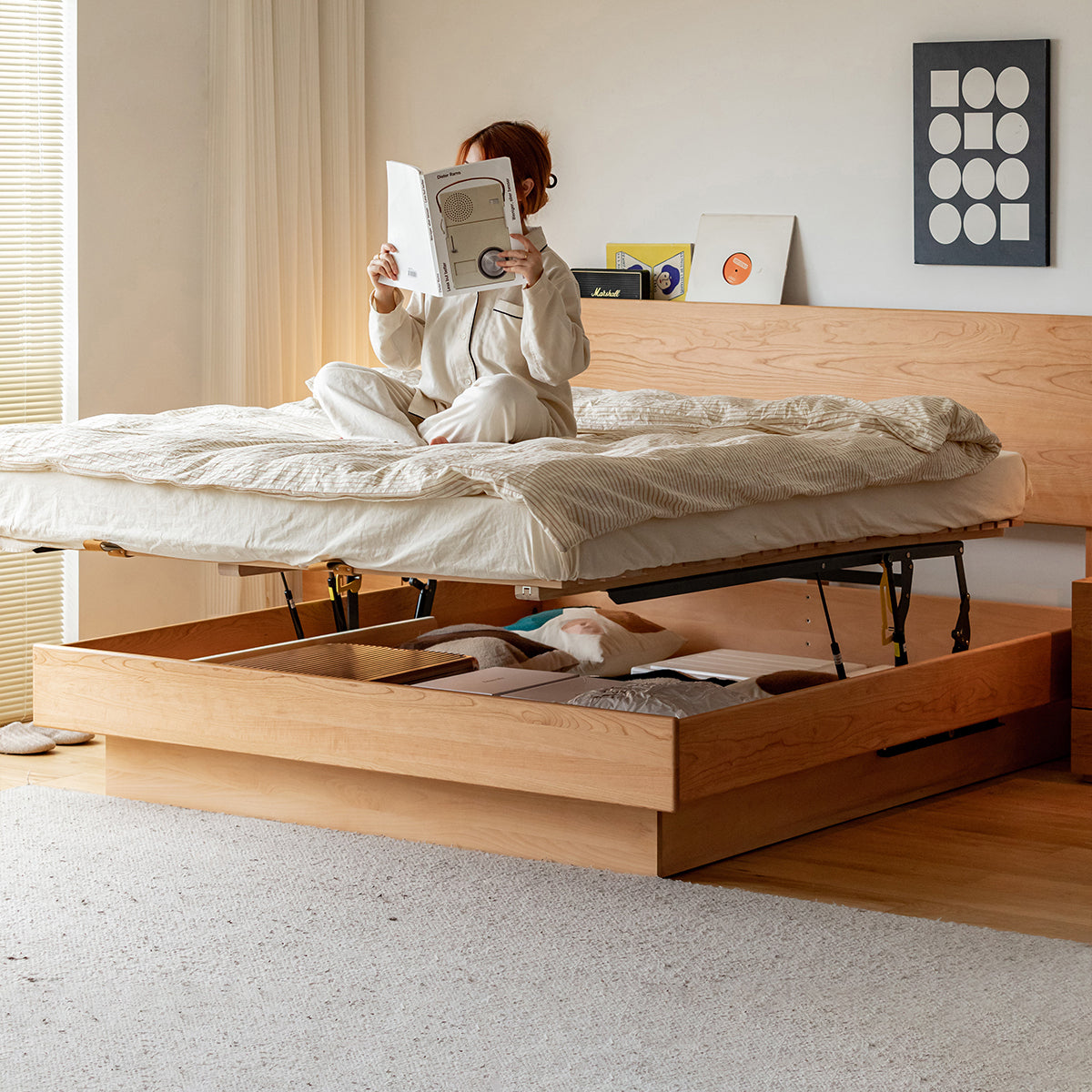収納付きチェリーウッドベッドフレーム