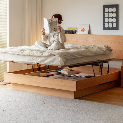 収納付きチェリーウッドベッドフレーム