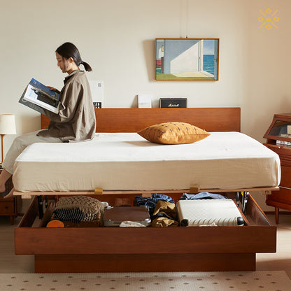 天然木材ベッド ツゲ材プナ材 儲物付き