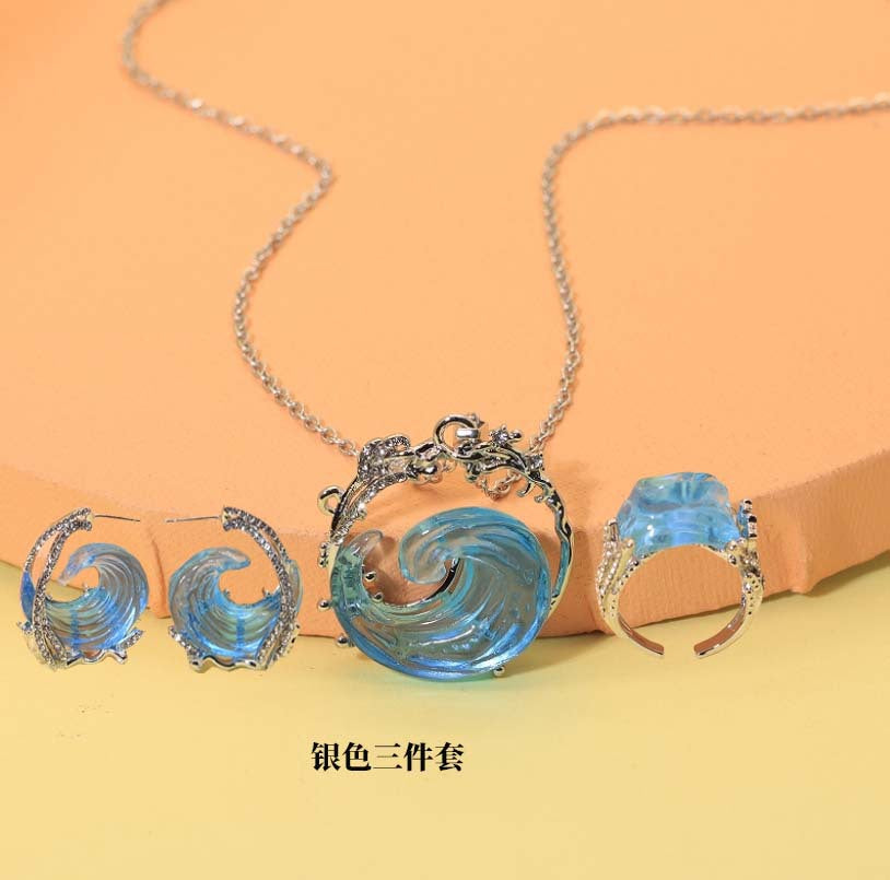 Sky Blue Wave Resin Necklace Wave Earrings Ring Pendant