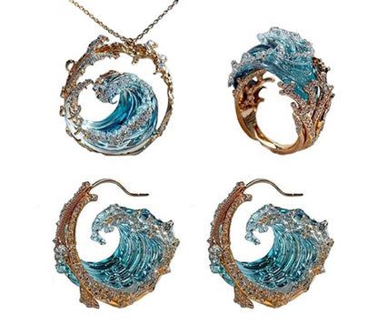 Sky Blue Wave Resin Necklace Wave Earrings Ring Pendant