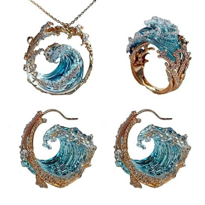 Sky Blue Wave Resin Necklace Wave Earrings Ring Pendant