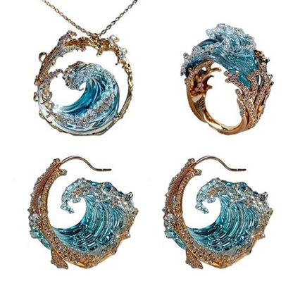 Sky Blue Wave Resin Necklace Wave Earrings Ring Pendant